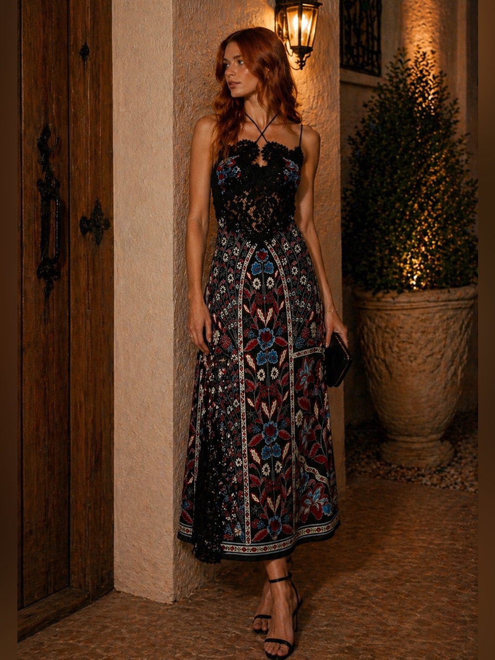 FARM Rio Floral Lace Trim Midi Dress XS Black Boho Sleeveless